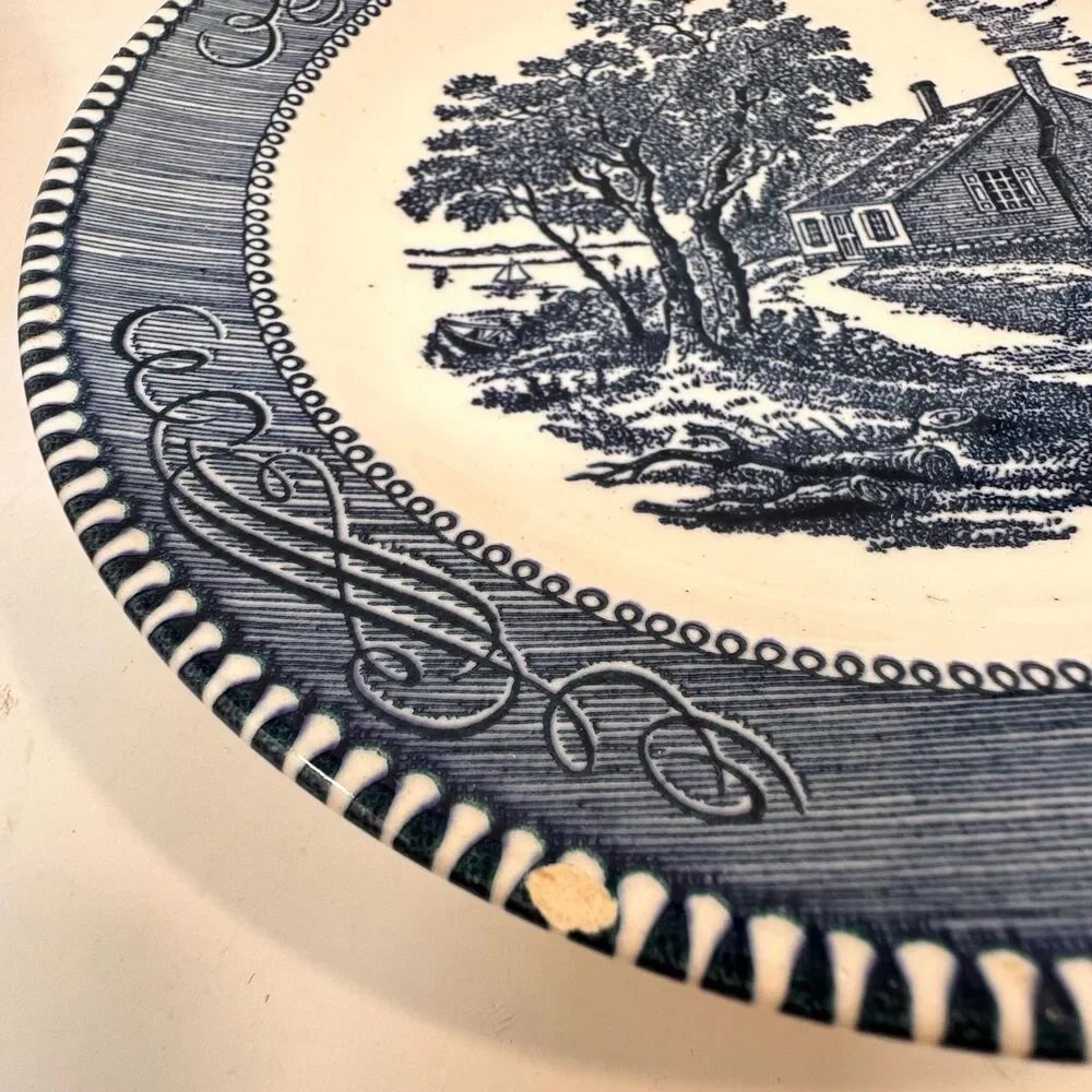 Vintage Royal China Currier and Ives Blue Transferware 5 Piece Dinnerware Set